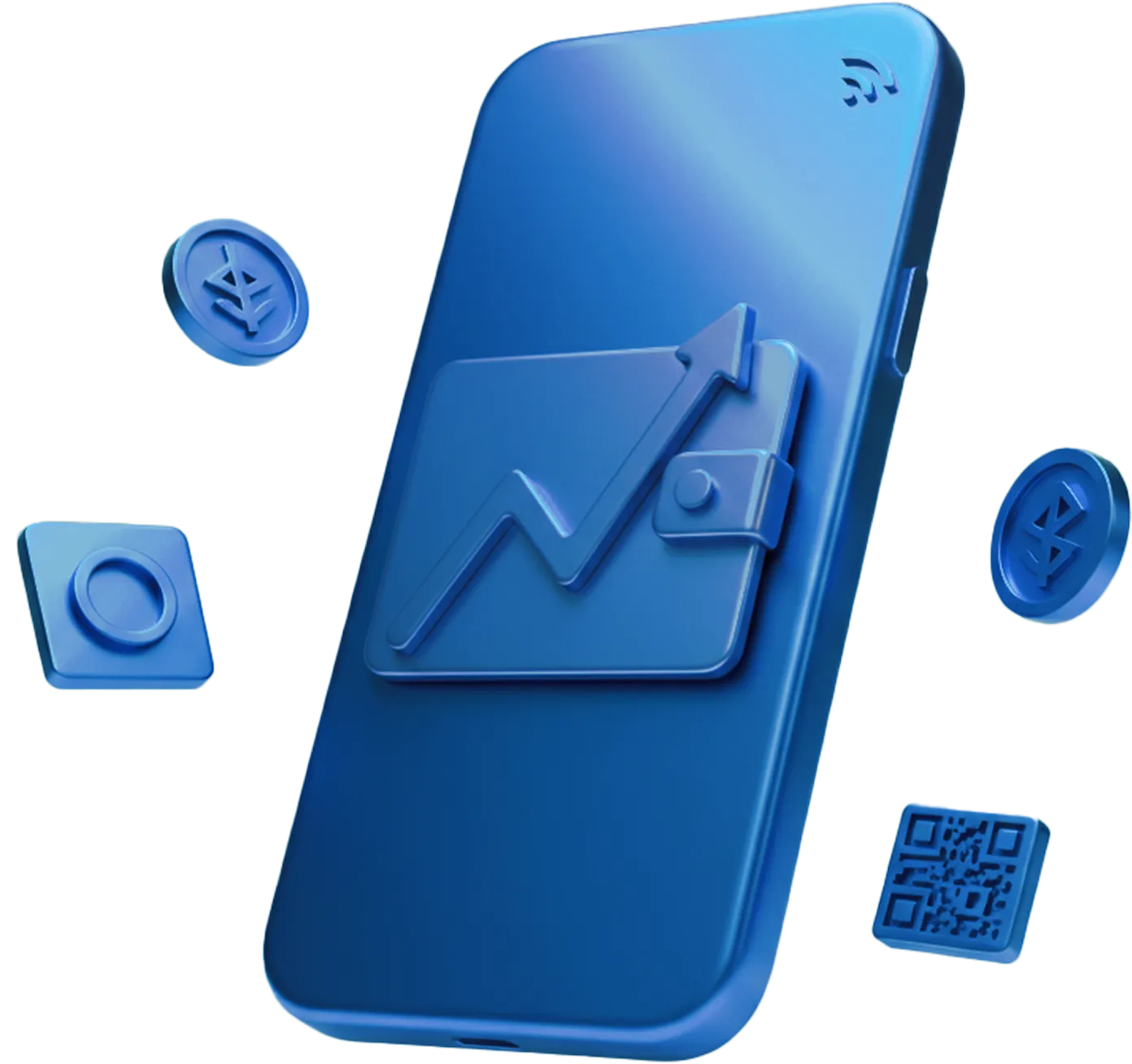 Blue smartphone with an upward trending graph icon on its screen surrounded by Bluetooth, QR code, and wireless signal icons.