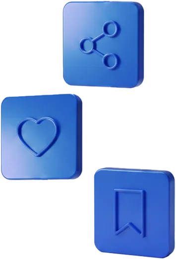 Three blue 3D icons: a share symbol, a heart, and a bookmark on rounded square buttons.