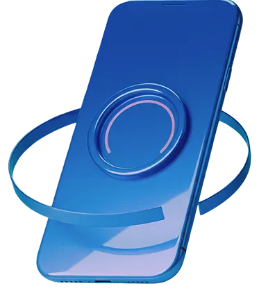 Blue smartphone with a glowing circular ring and an orbiting ring around it.