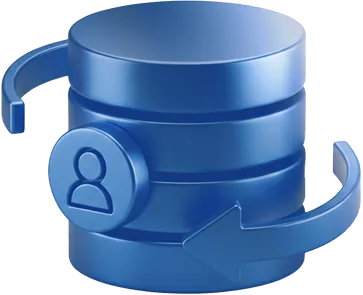 Blue cylindrical database icon with a user symbol and surrounding circular arrows.