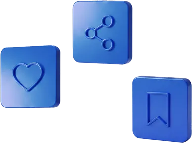 Three blue 3D icons: a share symbol, a heart, and a bookmark on rounded square buttons.