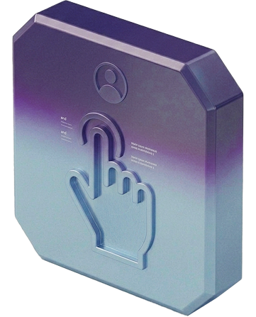 3D purple and blue block with user icon and large hand cursor pressing on it.