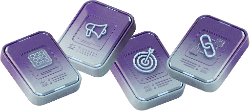 Four purple 3D blocks with icons representing a keypad, megaphone, target, and chain link.