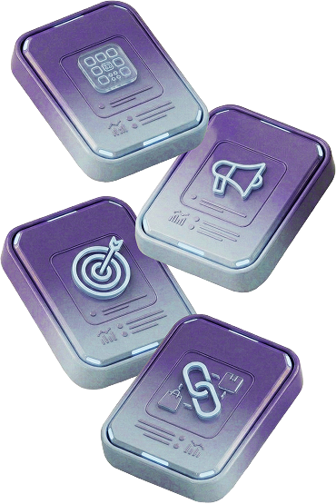 Four purple 3D blocks with icons representing a keypad, megaphone, target, and chain link.