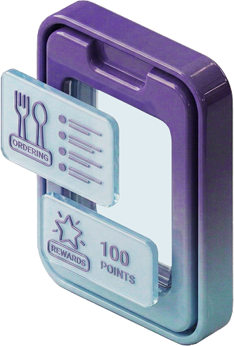 3D illustration of a smartphone with floating icons for food ordering and a rewards program showing 100 points.