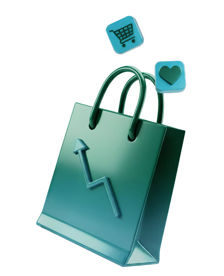 Green shopping bag with an upward trending arrow and icons of a shopping cart and a heart symbol nearby.