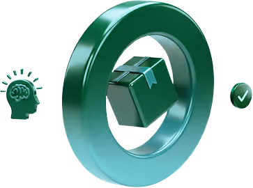 3D green circular ring with a floating closed box inside, flanked by a head with a brain icon on the left and a green check mark on the right.