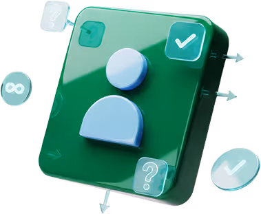 3D green square icon with a simplified person symbol in the center surrounded by floating question marks, check marks, and infinity symbols.