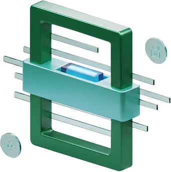 3D green and teal rectangular frame with a blue button in the center and lock and eye icons on floating circular backgrounds.