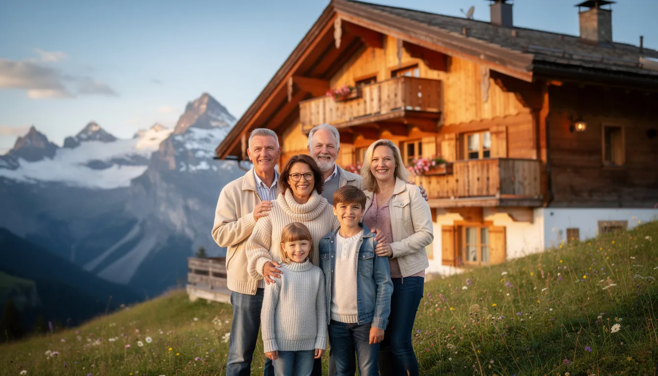 A family stands together in front of a traditional mountain chalet, surrounded by stunning alpine scenery, symbolizing the appeal of Andorran real estate investment. This picturesque setting reflects the country's charm, attracting foreign investors interested in properties in Andorra.