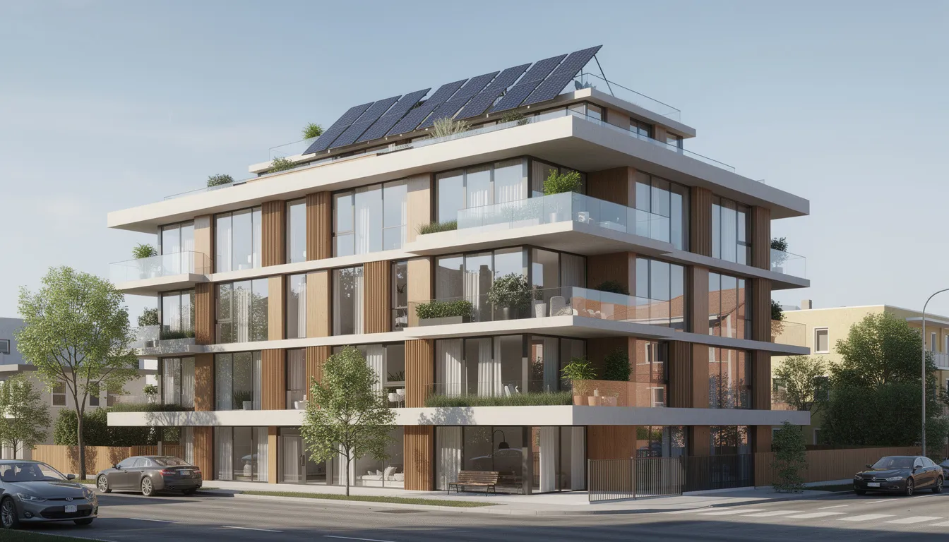 The image depicts a modern residential apartment building featuring multiple balconies and solar panels installed on the roof, symbolizing a commitment to sustainable growth. This design reflects the increasing interest in Andorran real estate, particularly among foreign investors looking to benefit from favorable residence permits and investment options in the country's economy.