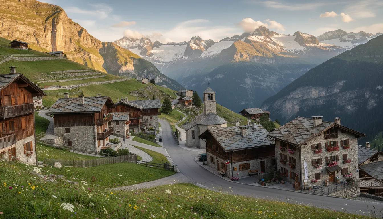 A panoramic view showcases a quaint European mountain village, characterized by traditional stone buildings nestled within lush alpine valleys. This picturesque setting highlights the potential for foreign real estate investment in Andorra, appealing to foreign investors seeking residence permits and favorable tax conditions.
