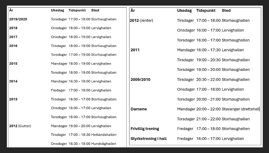 Treningstider sesongen 2025/2026