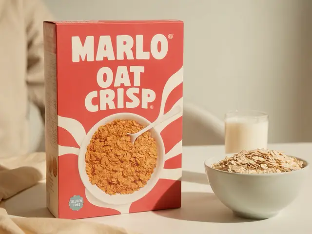 Marlo Oat Crisp cereal box beside a bowl of oats