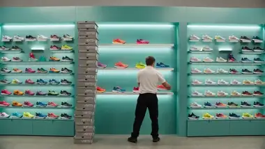 Shopper facing a wall of sneakers beside a stacked tower of shoeboxes