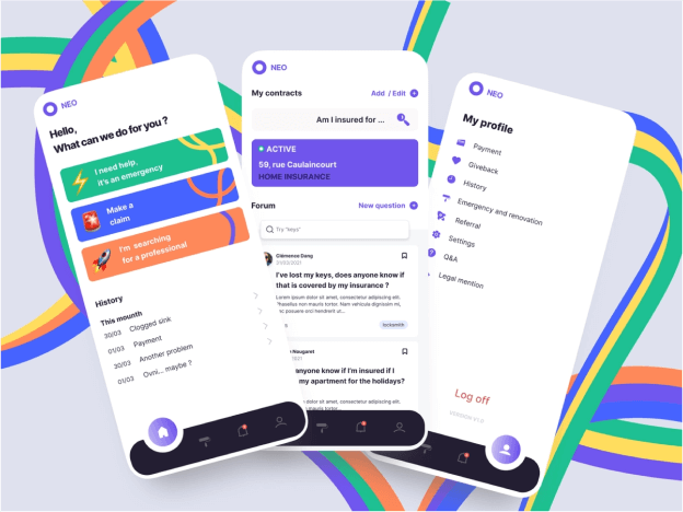 Un shot dribbble de trois téléphones avec une interface de néo assurance dans les téléphones