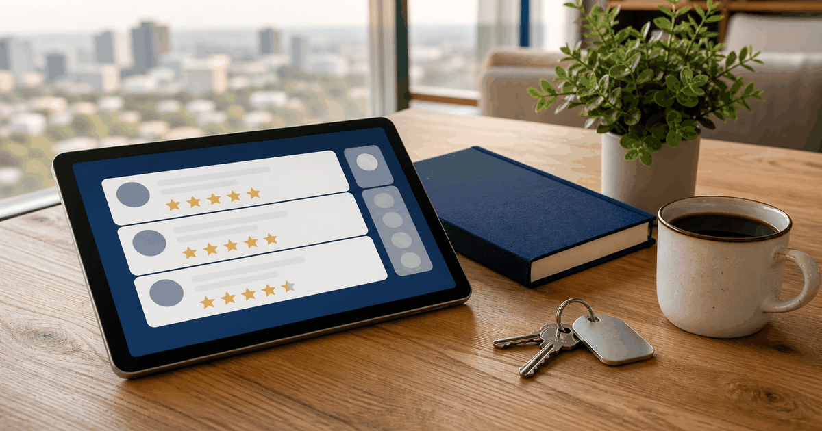 Scrivania in un appartamento luminoso con un tablet che mostra recensioni a stelle, un taccuino, un mazzo di chiavi e una tazza di caffè