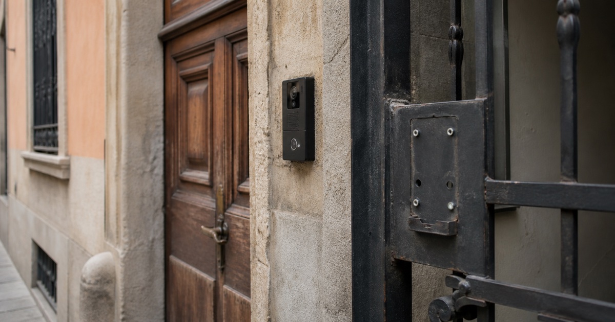 Portone di un palazzo italiano con videocitofono accanto alla porta e staffa vuota sul cancello dove era fissata una keybox