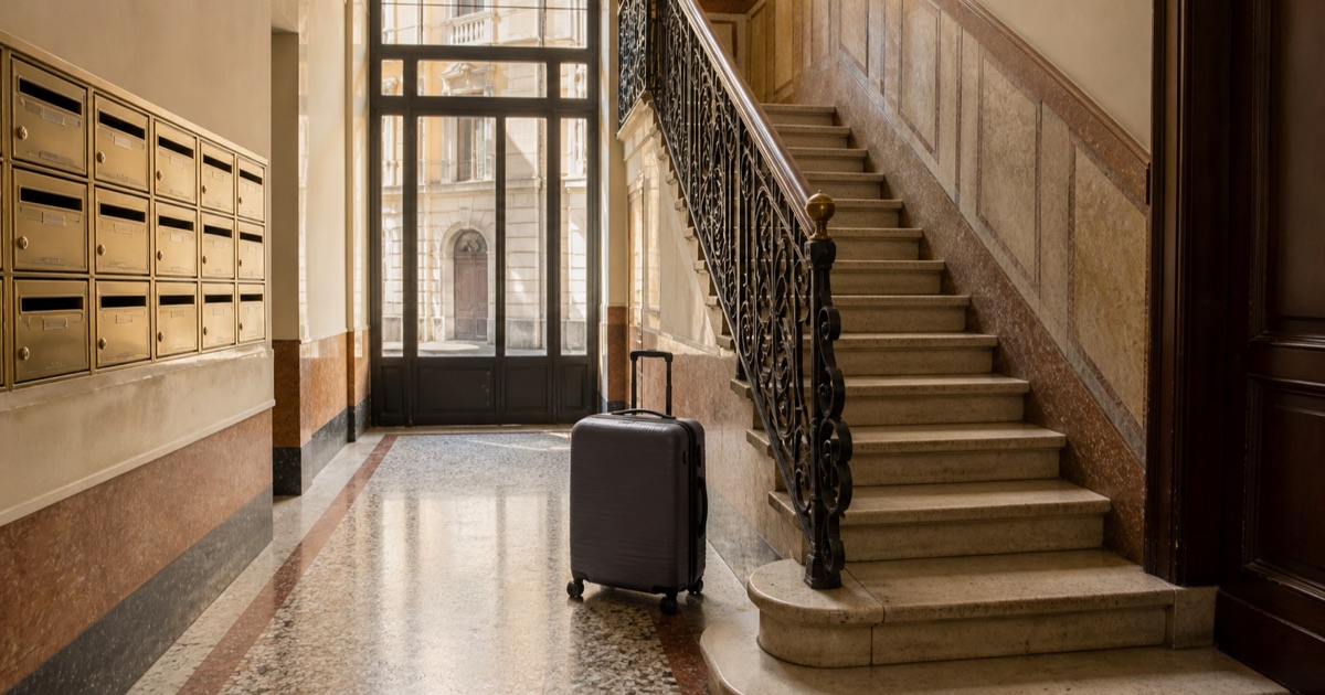Androne con scala e cassette della posta in un palazzo residenziale italiano, con un trolley da viaggio appoggiato accanto ai gradini