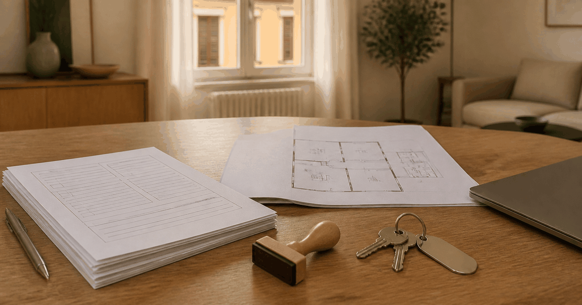 Scrivania con moduli, planimetria di un appartamento, timbro e chiavi: la pratica SCIA per una casa vacanze