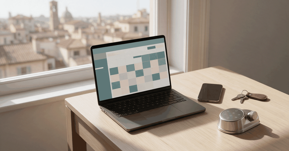 Scrivania con laptop che mostra un calendario di prenotazioni, smartphone, chiavi di casa e una serratura elettronica smart lock, davanti a una finestra con vista sui tetti di una citta italiana