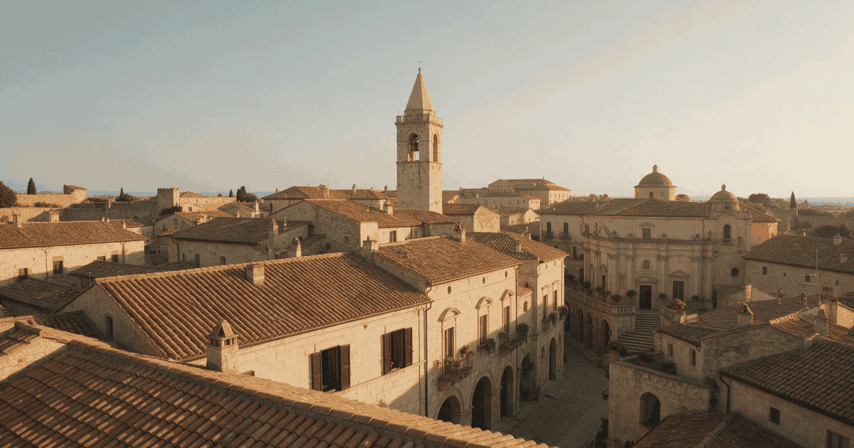 Vista dall'alto del centro storico di una città d'arte italiana al tramonto, con tetti in cotto, campanile e palazzi storici