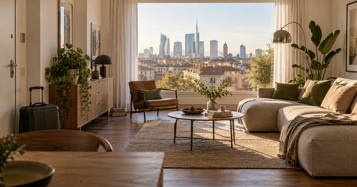 Soggiorno luminoso di un appartamento in affitto breve a Milano con vista sui tetti e sui grattacieli di Porta Nuova