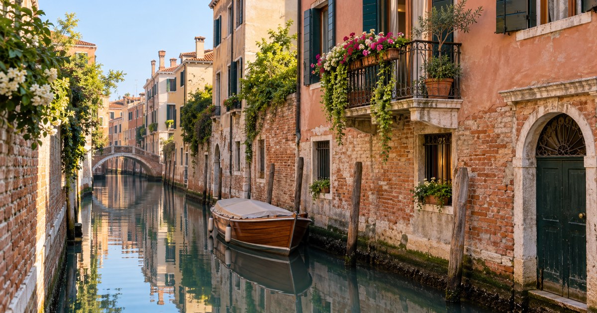 Canale residenziale di Venezia al mattino con palazzo dalle persiane verdi, balcone fiorito e barca ormeggiata