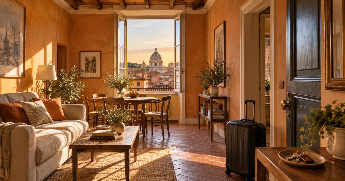 Soggiorno di un appartamento romano arredato per affitti brevi, con valigia e chiavi all'ingresso e vista sui tetti e su una cupola di Roma al tramonto