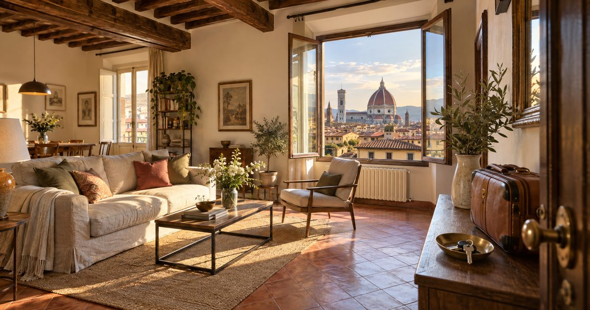 Soggiorno di un appartamento fiorentino arredato per affitti brevi, con valigia e chiavi all'ingresso e vista sui tetti e sulla cupola del Duomo di Firenze al tramonto