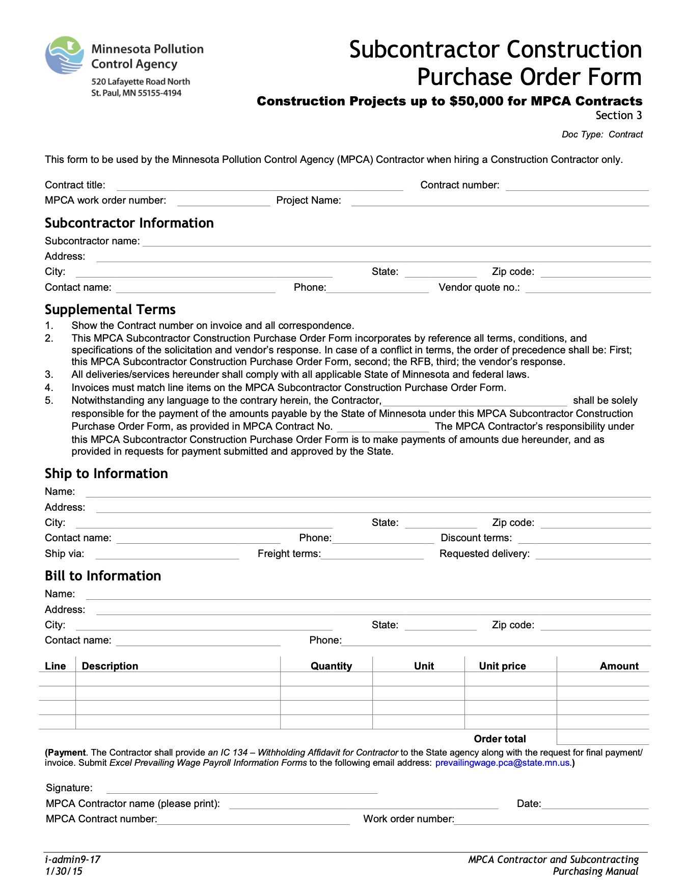 Sample Purchase Order for Construction Company Example