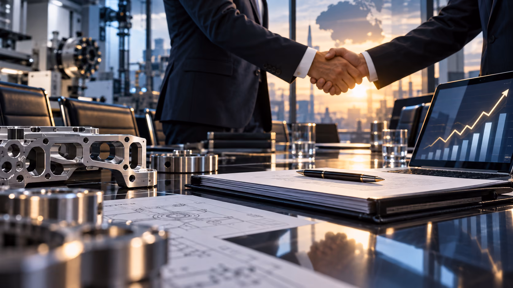 Business executives shaking hands over a conference table with precision-machined metal components, engineering drawings, financial documents, and a laptop displaying an upward growth chart, symbolizing a successful manufacturing industry recapitalizatio