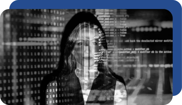 Unstructured data is projected onto a wall and a person standing in front of the wall.