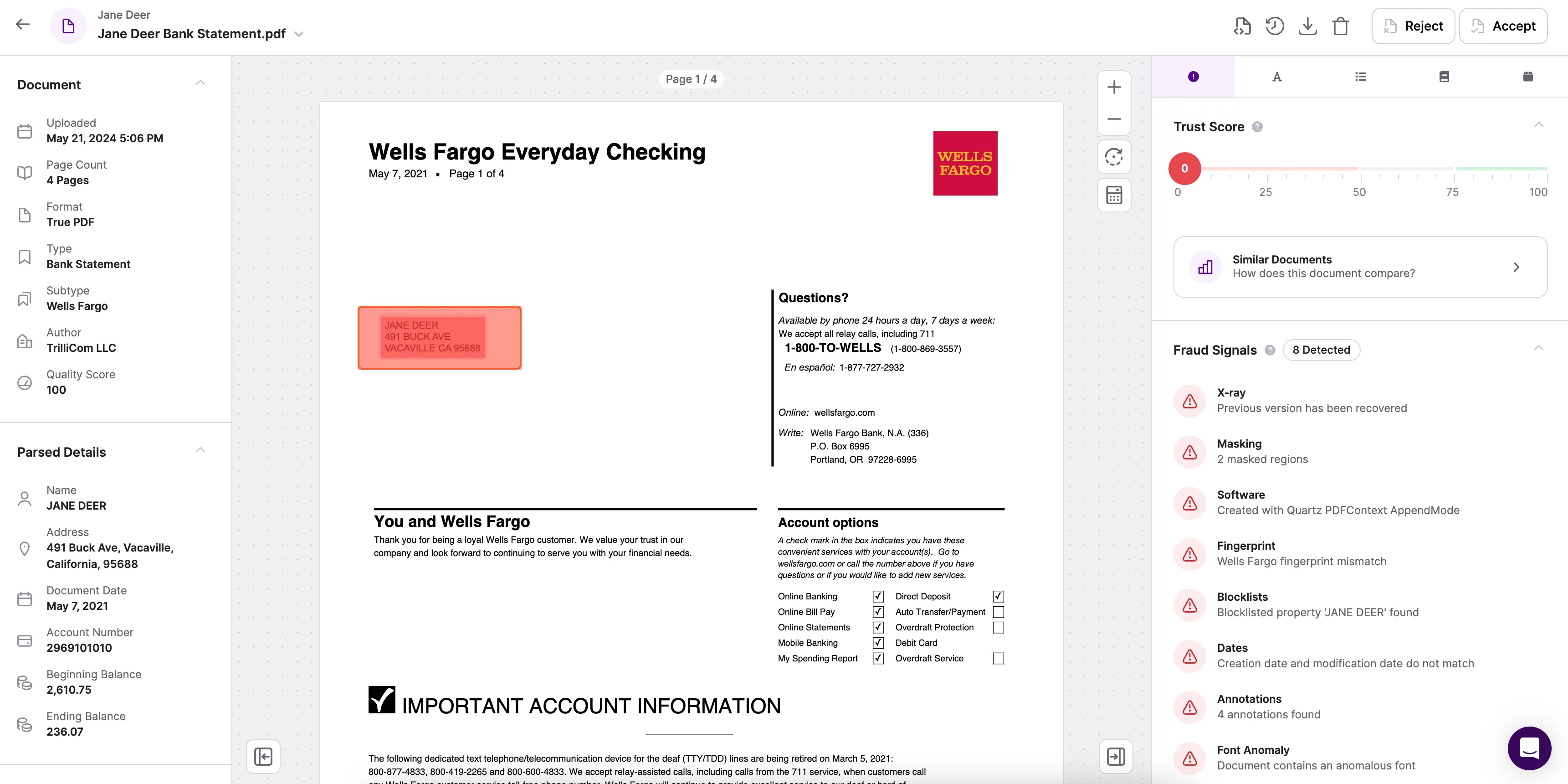 You can dig deeper by clicking into the document to see exactly where in the document fraudulent alterations were made and a detailed explanation of what was uncovered with our Fraud Signals. 