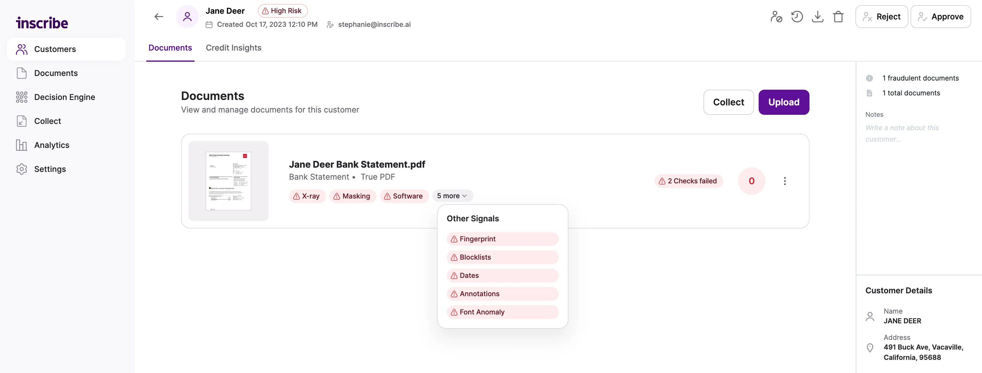 With Inscribe and the power of AI, your team will know in seconds if a document is fraudulent. Inscribe assigns a Trust Score and provides a snapshot of any fraud found, helping you quickly understand the trustworthiness of any documents received (and your applicants). 