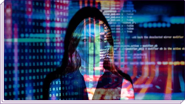 A silhouette of a person overlaid with colorful digital patterns, including binary code and graphical representations of data. The visual represents themes of cybersecurity, data analysis, or digital fraud detection.