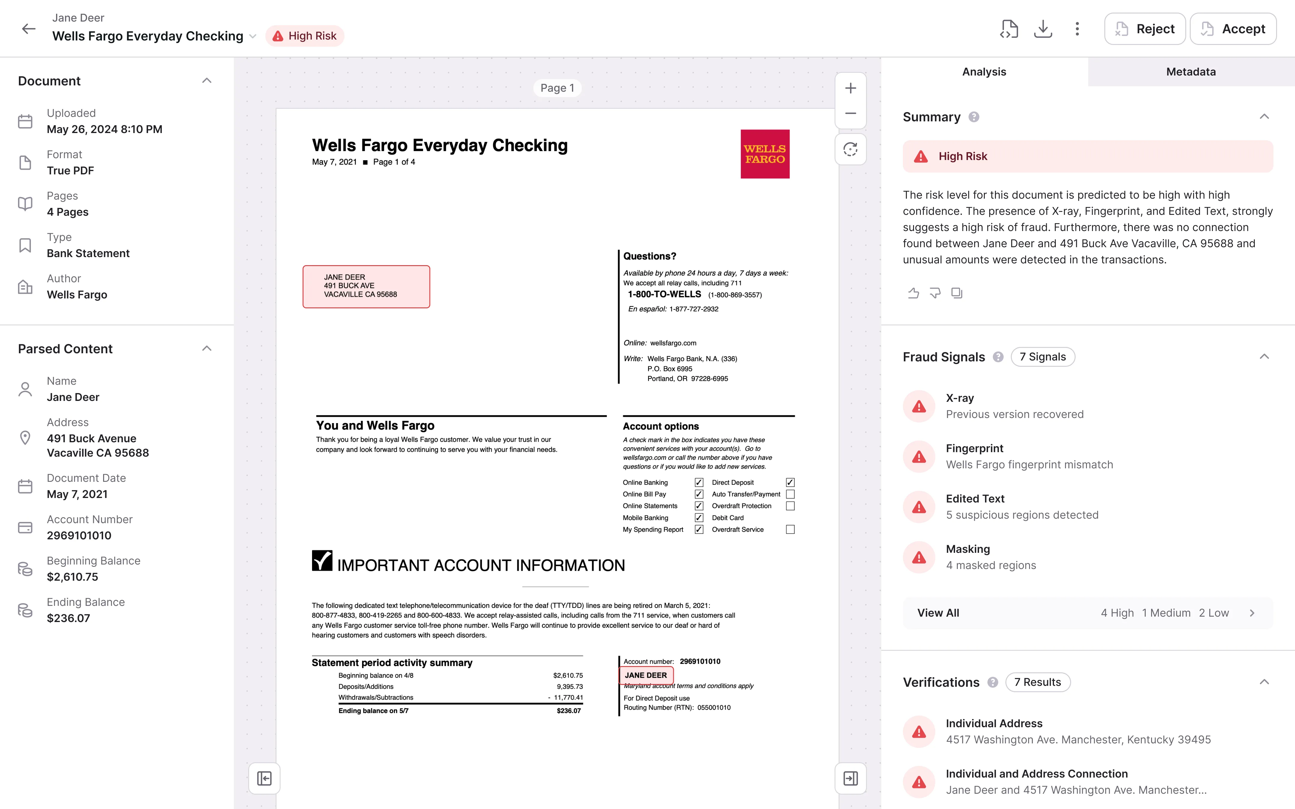 A screenshot of a document risk analysis platform displaying a flagged "Wells Fargo Everyday Checking" bank statement marked as "High Risk." Fraud signals such as "X-ray," "Fingerprint," and "Edited Text" are highlighted in the analysis, accompanied by parsed document details and metadata. This emphasizes automated fraud detection and risk evaluation processes.