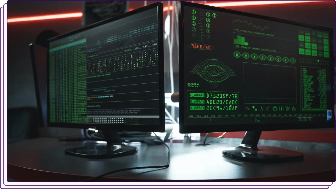 Two computer monitors displaying data and graphical elements in a dark setting. The screens show green code and visualizations resembling cybersecurity analysis or fraud detection activities, creating a high-tech and investigative atmosphere.