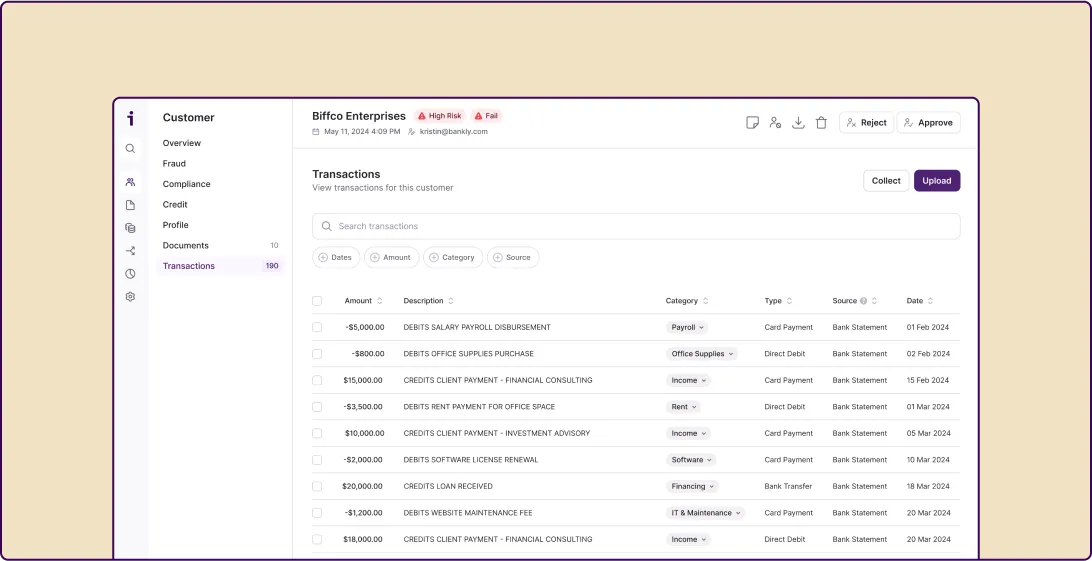  Screenshot of Inscribe’s transaction analysis dashboard showing categorized bank statement data, used to assess financial behavior and flag underwriting risks.