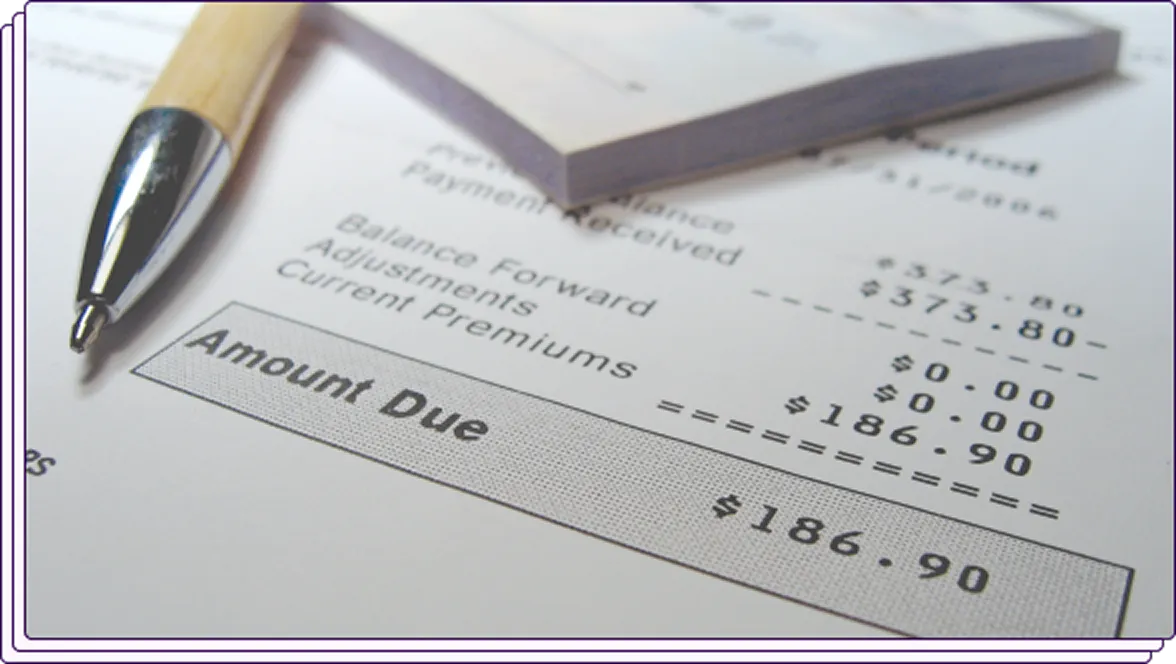 Close-up of a paper financial statement with the heading “Amount Due” and a due amount of $186.90. A pen rests beside the document, emphasizing a traditional form of income verification.