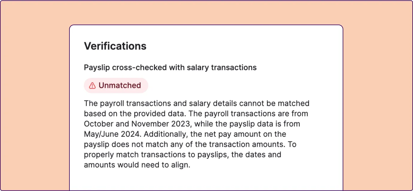 Inscribe AI interface showing unmatched verification results where a payslip doesn’t align with transaction history—illustrating how AI agents cross-check financial documents to detect fraud.