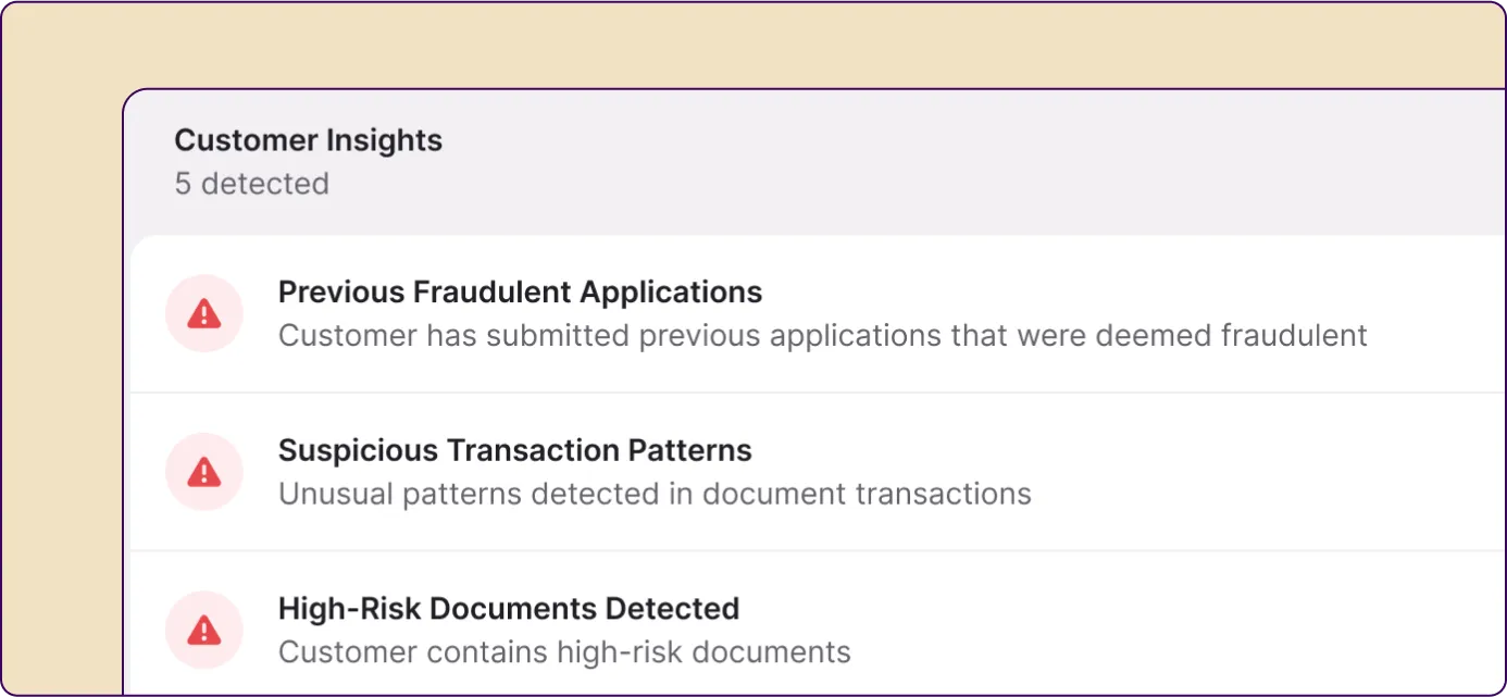 Inscribe platform displaying customer insights including previous fraudulent applications, suspicious transaction patterns, and high-risk documents.