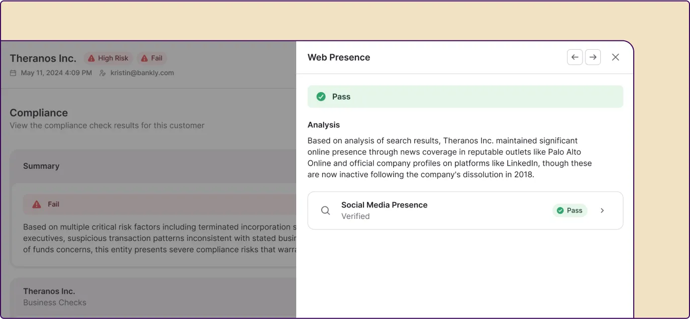 A digital interface showing an AI compliance report with a "Pass" result for web presence, alongside a failed compliance summary for a customer flagged as high risk.