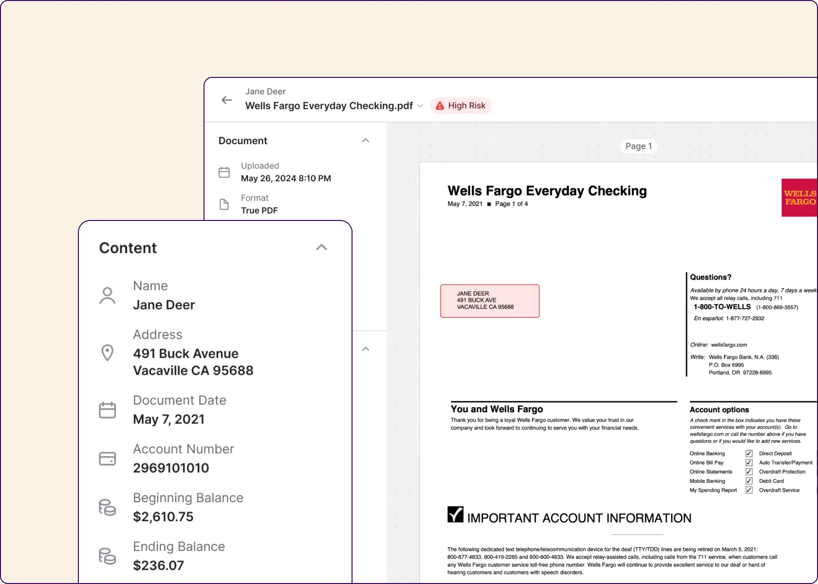 Close-up of Inscribe’s interface analyzing a proof of address document. The view displays structured content from the PDF, including name, address, account number, and balances. The document is identified as a Wells Fargo statement and labeled “High Risk” due to address verification concerns.