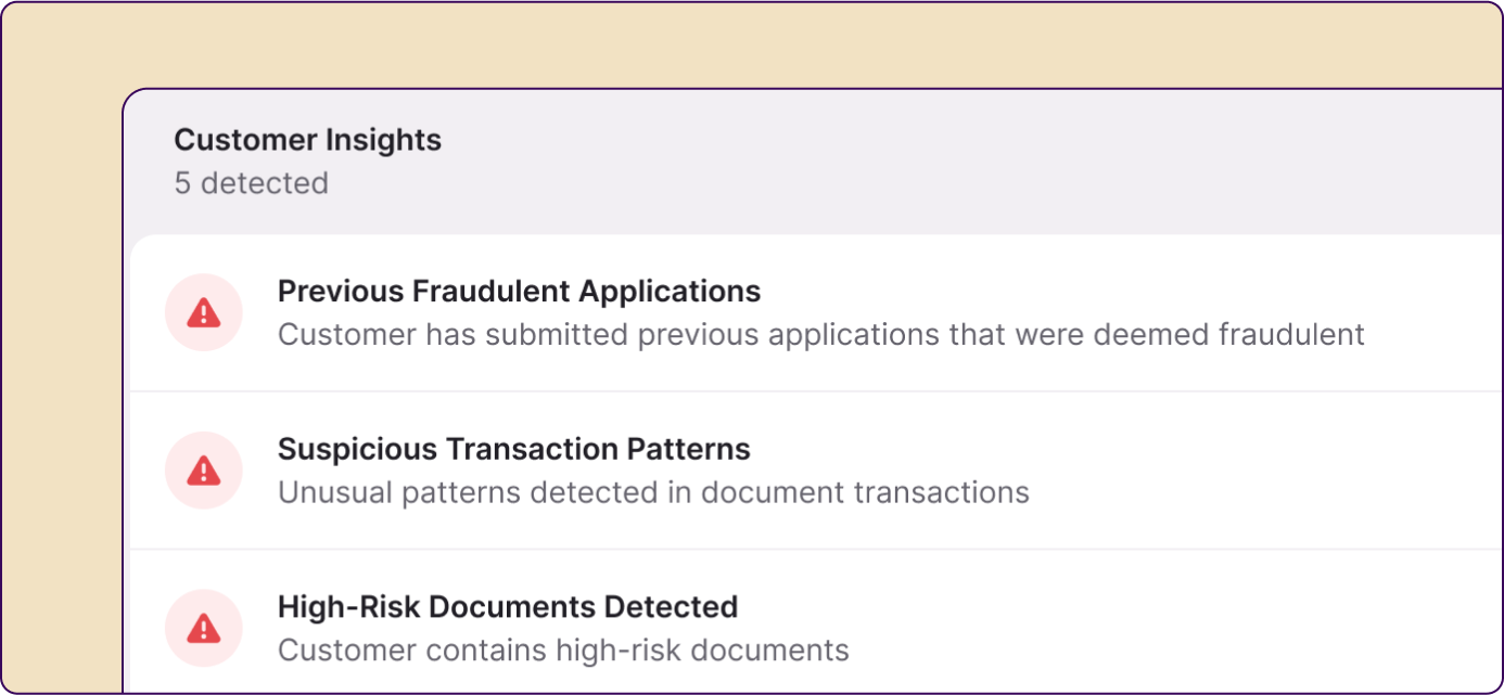 Customer Insights panel highlighting five fraud-related alerts, including previous fraudulent applications, suspicious transaction patterns, and high-risk documents. Visual red warning icons emphasize elevated fraud risk.