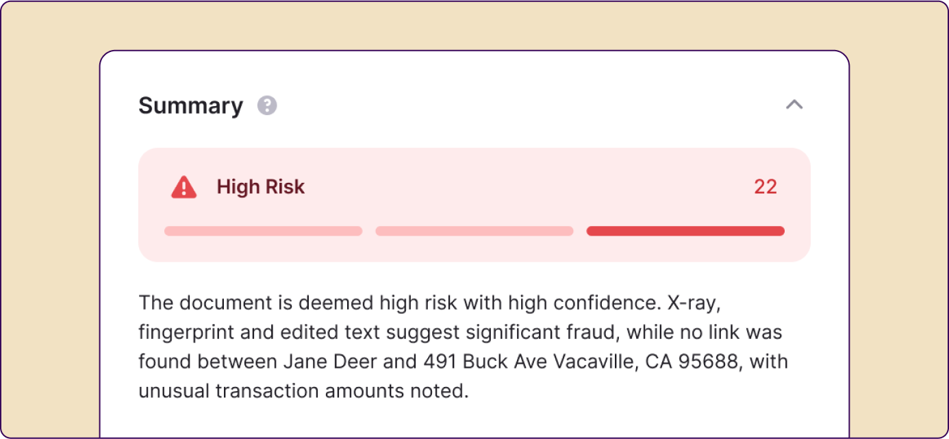 High-risk fraud summary from Inscribe’s AI. A score of 22 out of 100 is shown with a red progress bar. Text notes document manipulation, such as edited text and mismatched personal data, indicating strong signs of document tampering."