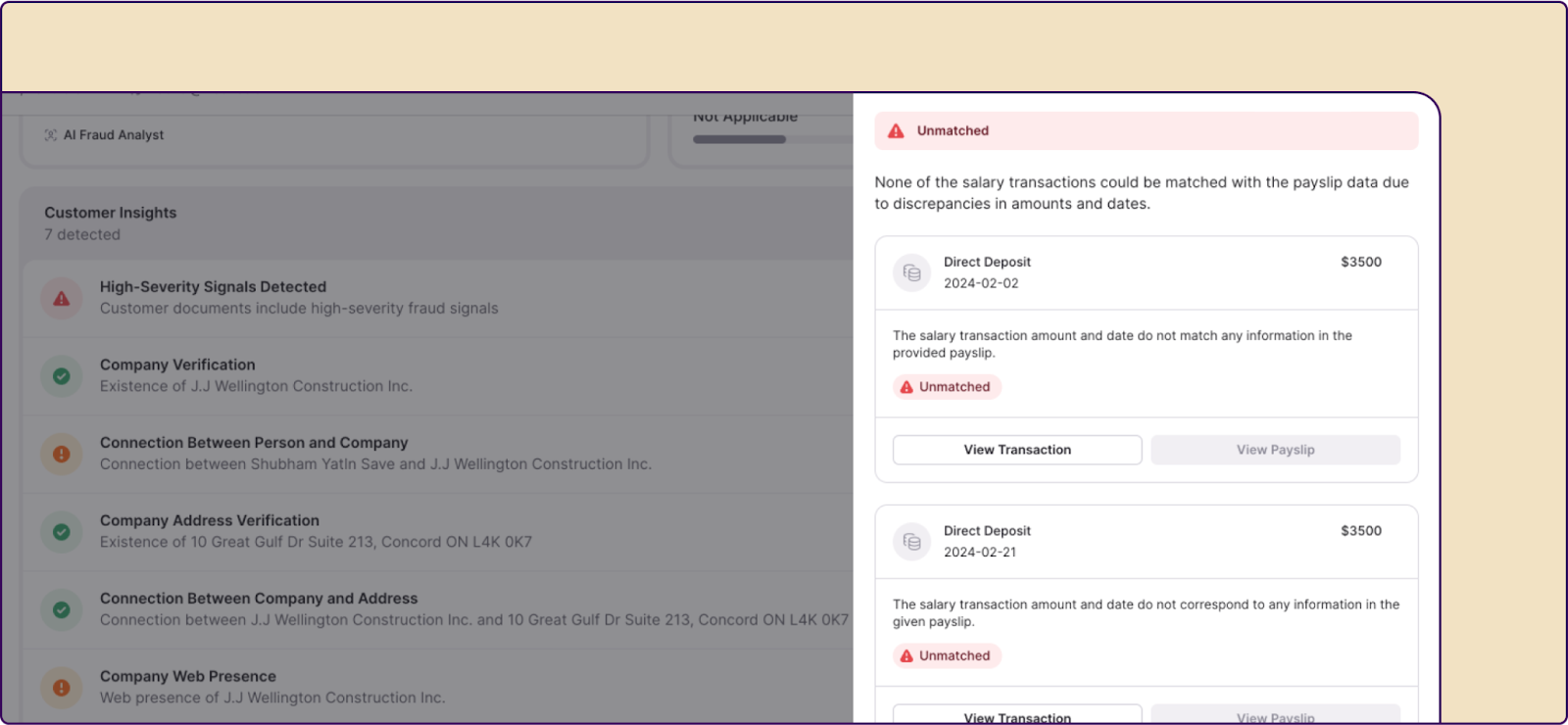 Screenshot from Inscribe's AI Fraud Analyst showing unmatched salary transactions. Two direct deposits from February 2024 are flagged as unmatched due to discrepancies with the payslip data, indicating potential document fraud.