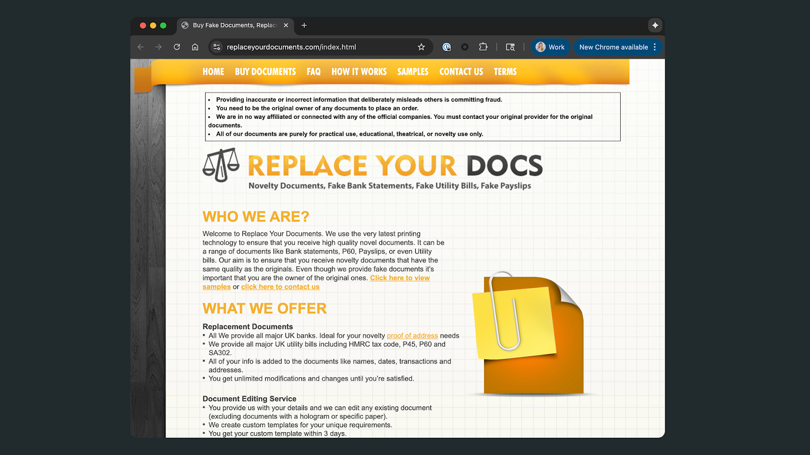 Screenshot of an online marketplace selling novelty fake bank statements, utility bills, and payslips, highlighting the accessibility of document fraud tools