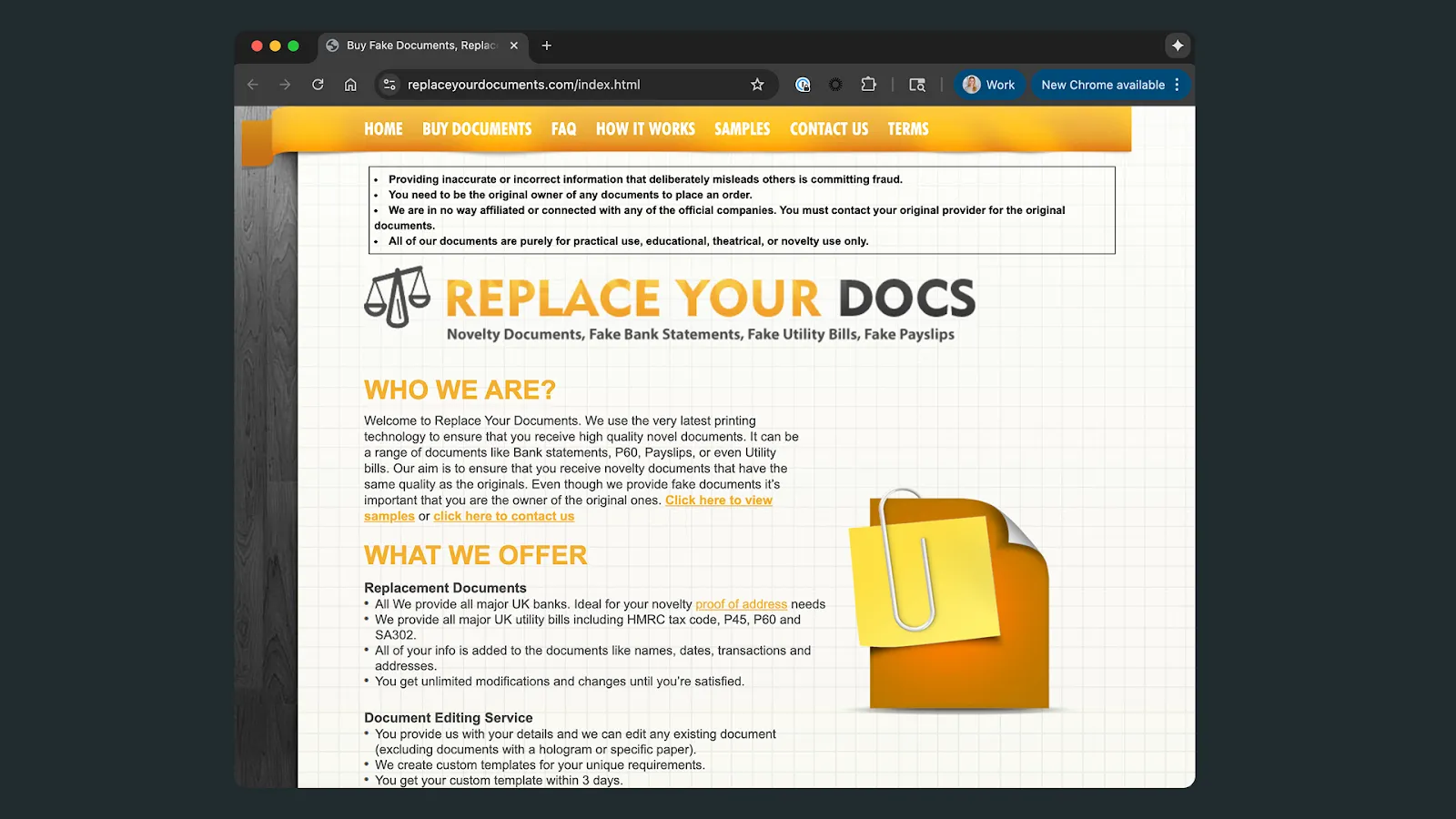 Screenshot of an online marketplace selling novelty fake bank statements, utility bills, and payslips, highlighting the accessibility of document fraud tools