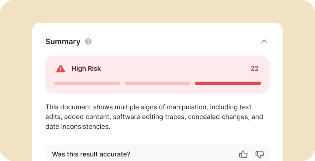 Inscribe document fraud detection summary showing a High Risk trust score of 22 with flags for text edits, added content, software editing traces, concealed changes, and date inconsistencies.